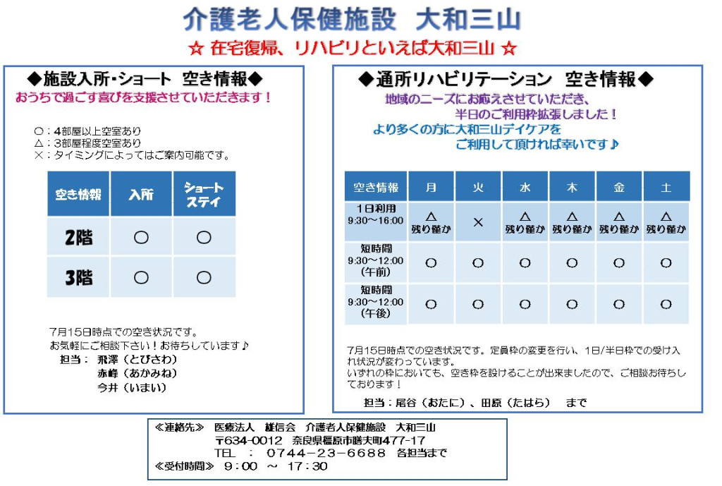 7.15入所・通所空き情報